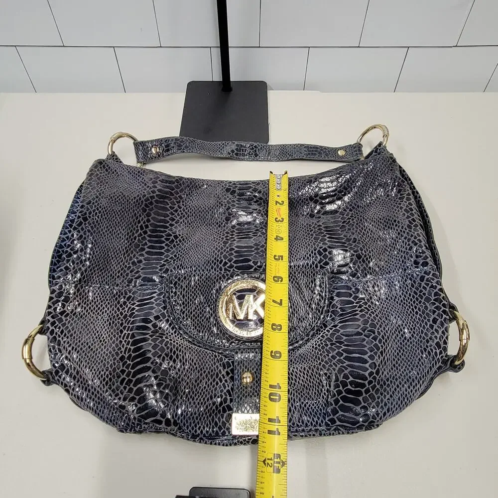 Michael Kors Gray Snake Embossed Hobo Shoulder Bag Gold MK Logo Purse Large